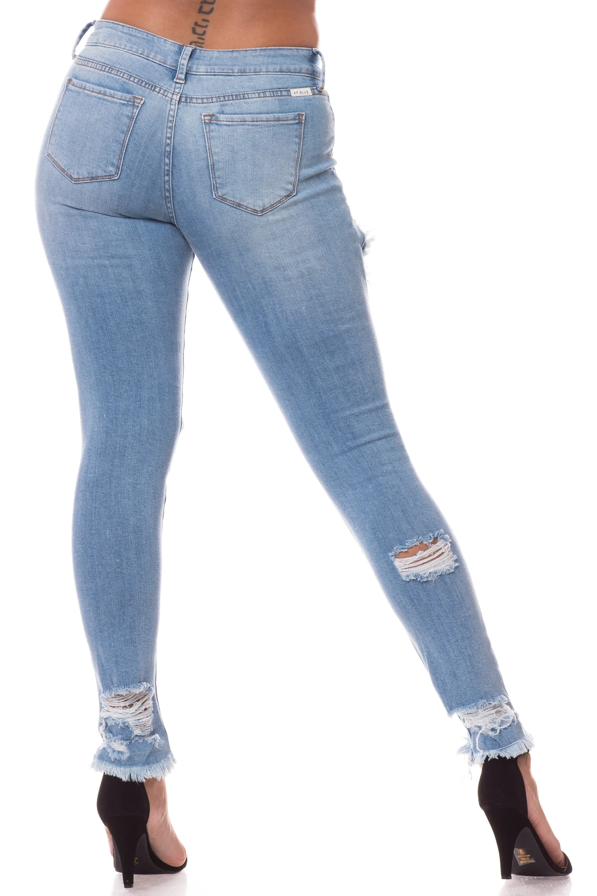 1231 Women's Mid Waisted Distressed Skinny Jeans with Cut Outs