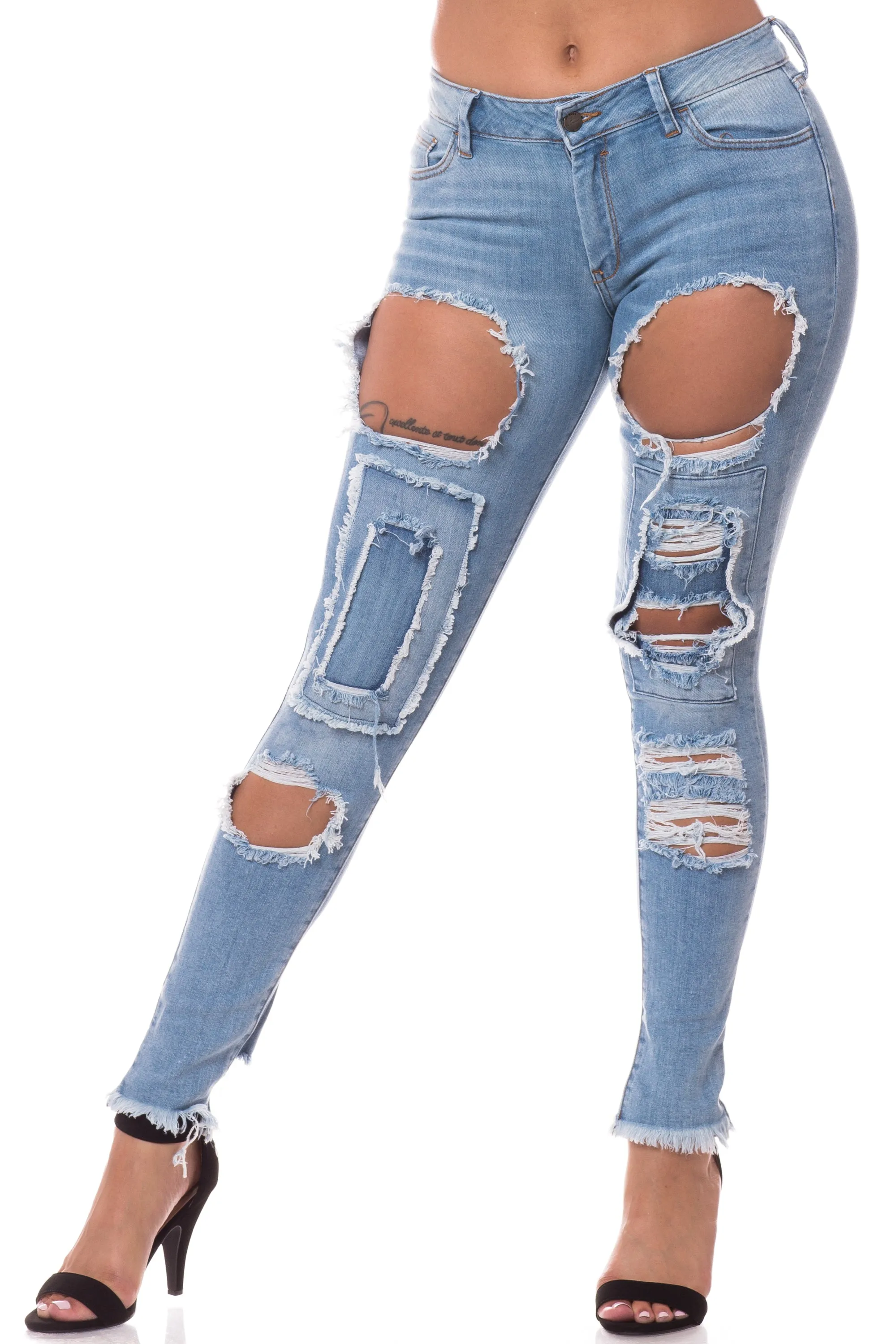 1231 Women's Mid Waisted Distressed Skinny Jeans with Cut Outs
