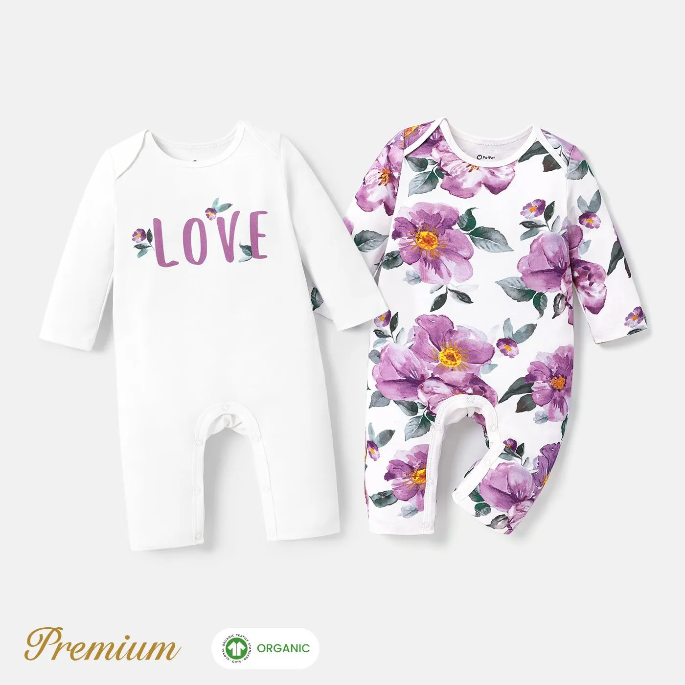 2pcs Long Sleeve Organic Cotton Baby Girl Jumpsuit Set with Big Floral Pattern