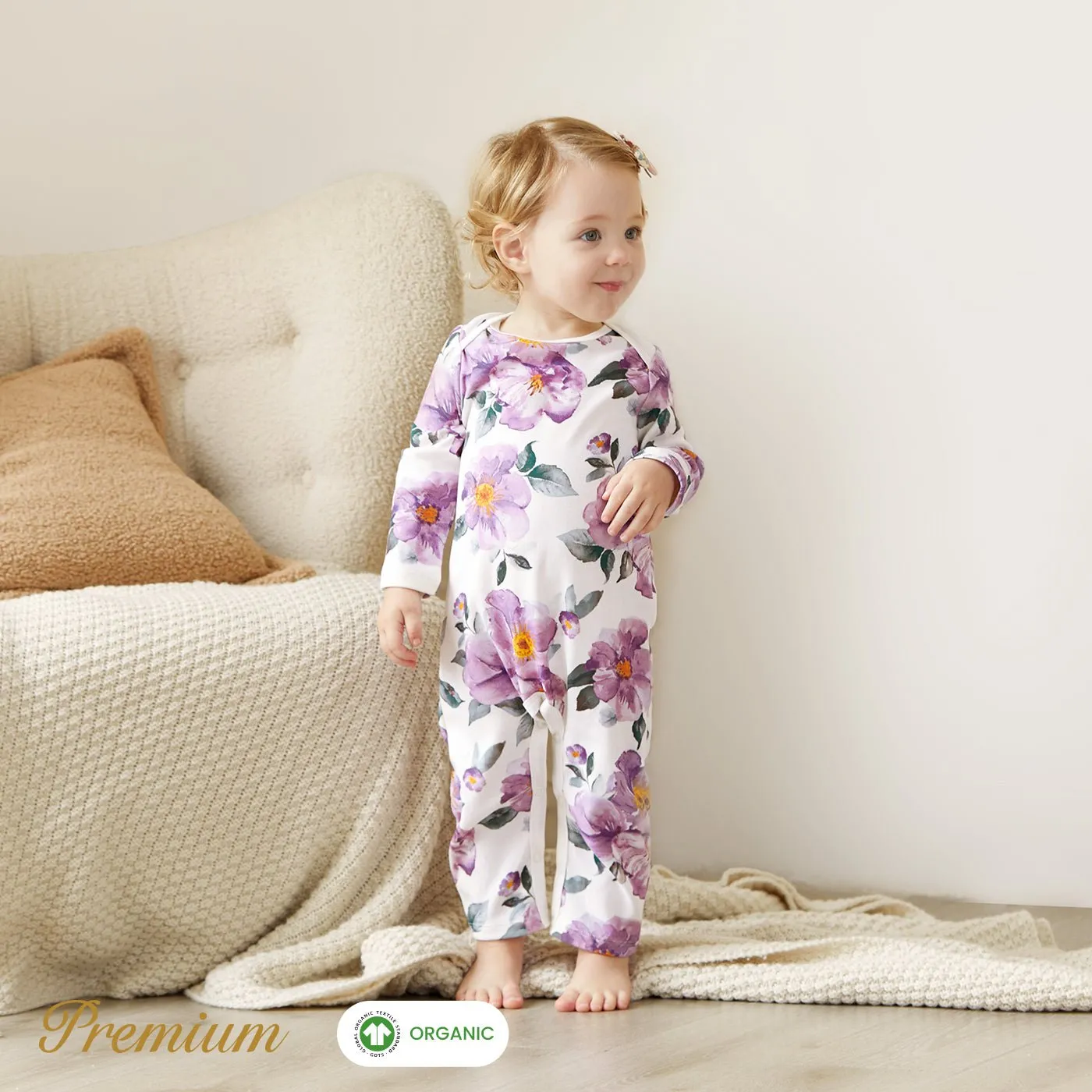2pcs Long Sleeve Organic Cotton Baby Girl Jumpsuit Set with Big Floral Pattern