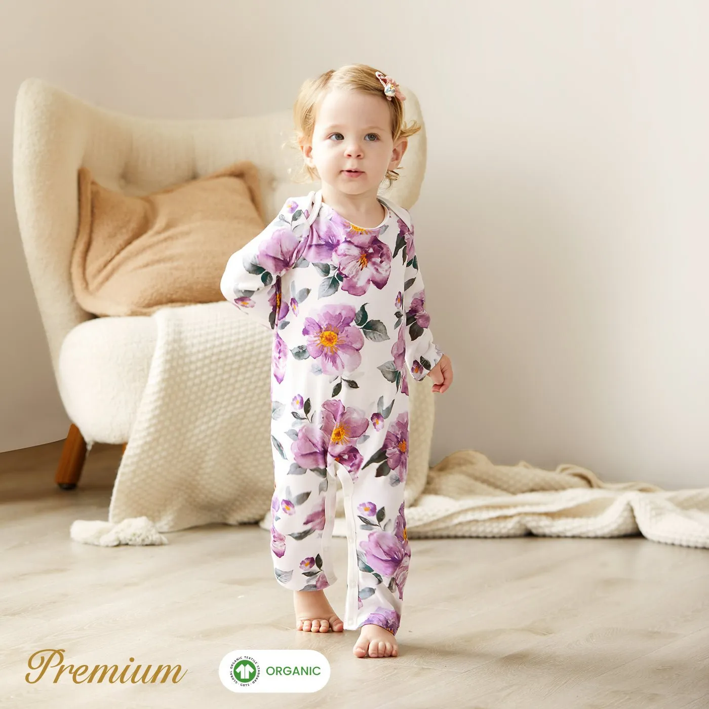 2pcs Long Sleeve Organic Cotton Baby Girl Jumpsuit Set with Big Floral Pattern