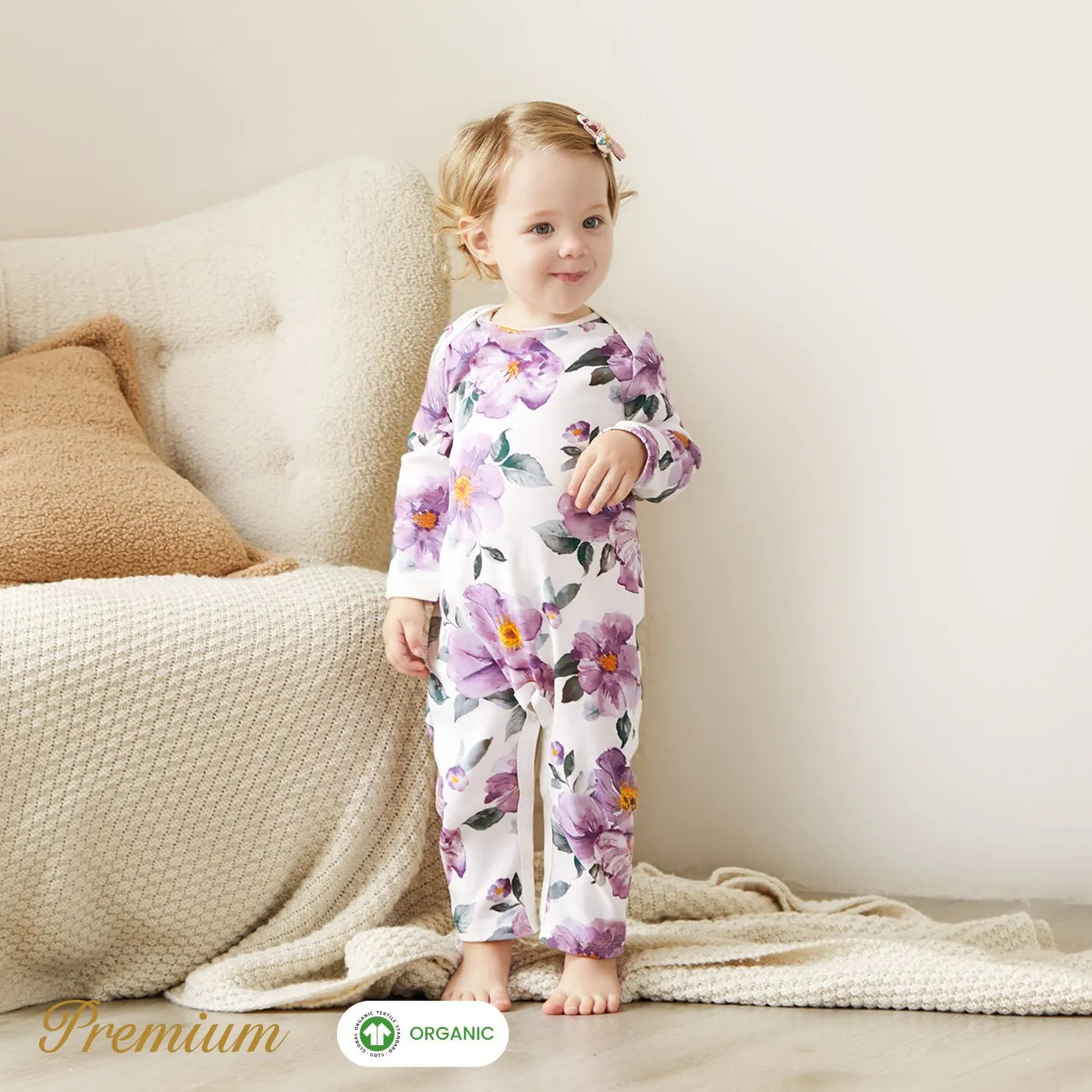2pcs Long Sleeve Organic Cotton Baby Girl Jumpsuit Set with Big Floral Pattern