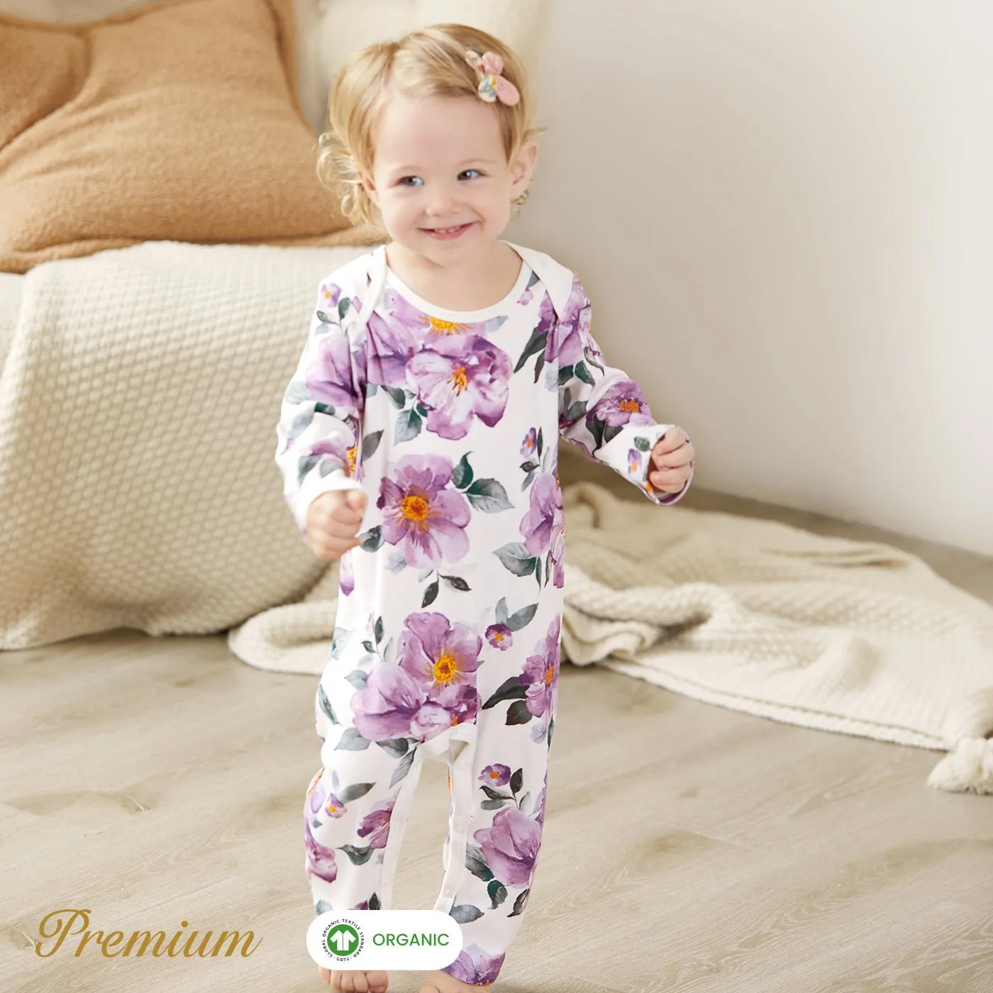 2pcs Long Sleeve Organic Cotton Baby Girl Jumpsuit Set with Big Floral Pattern