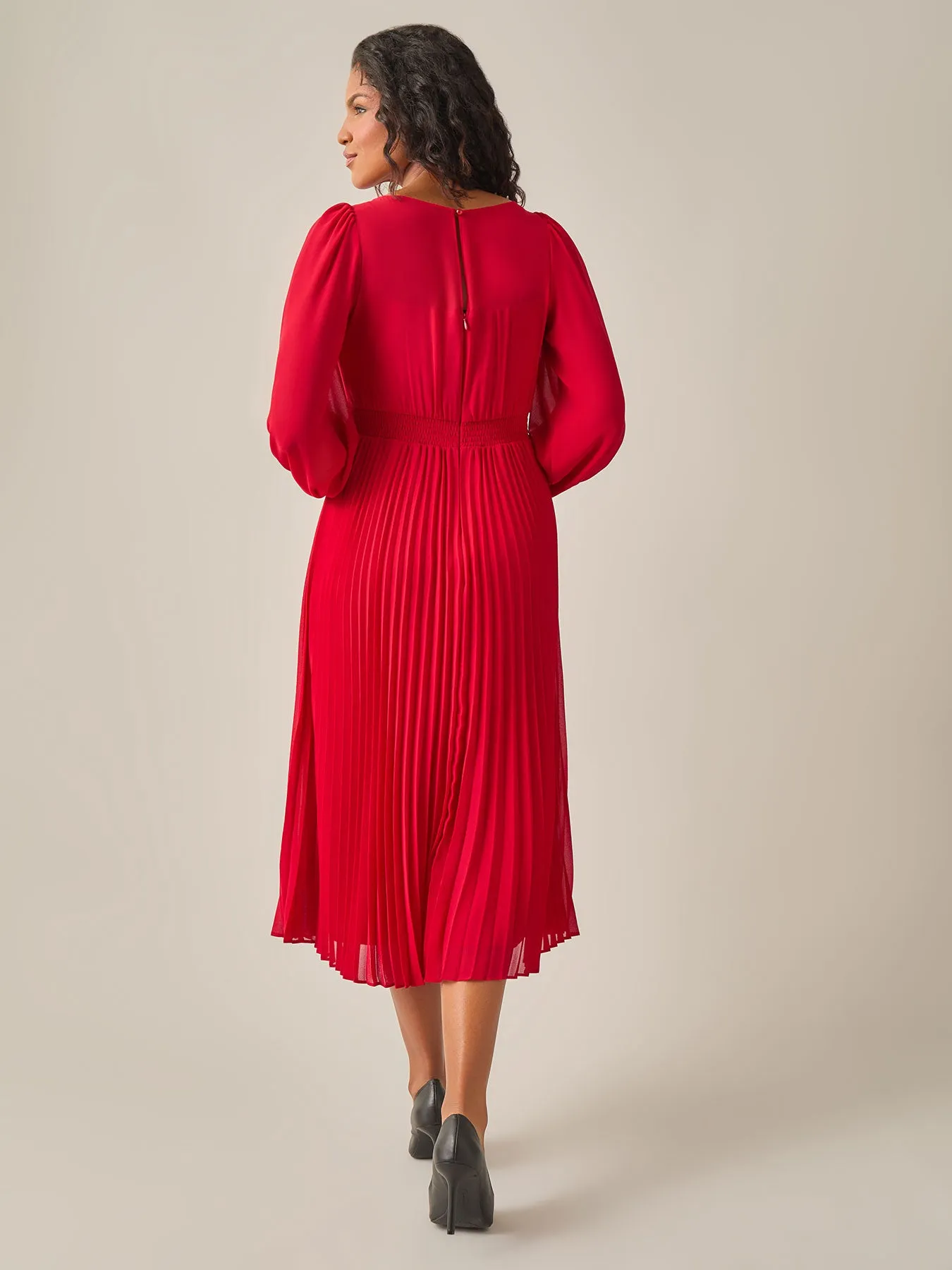 A-Line Balloon Sleeve Midi Dress, Crimson