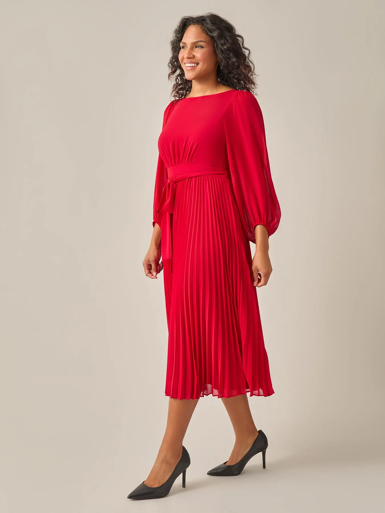 A-Line Balloon Sleeve Midi Dress, Crimson
