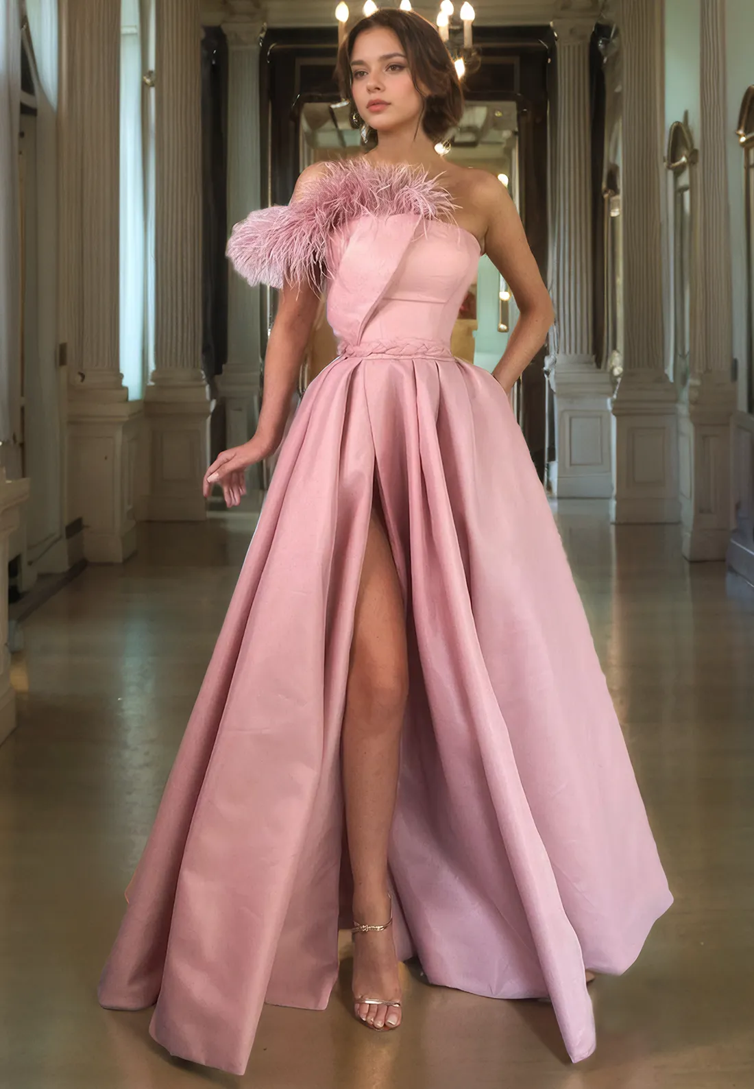 A-Line Strapless Sleeveless SaTIN Long Prom Dress with High Side Slit and Train