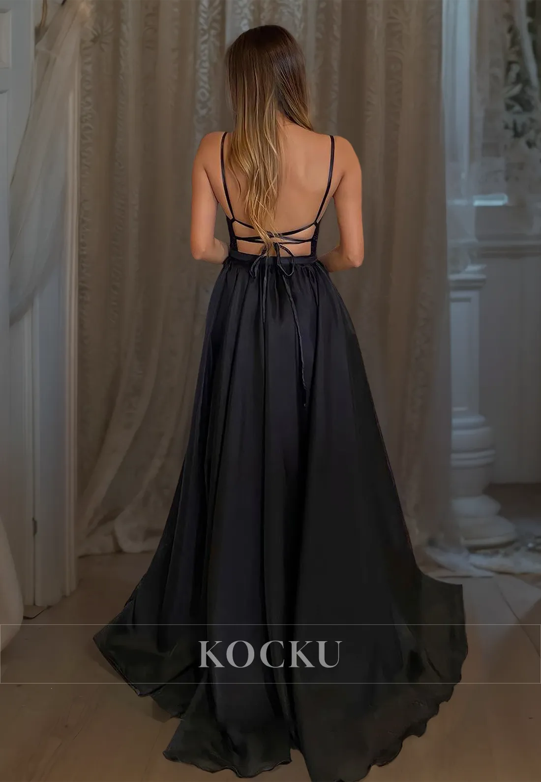 A-Line V-Neck Spaghetti Straps High Split Pleats Glitter Prom Dress with Overskirt Party Dress