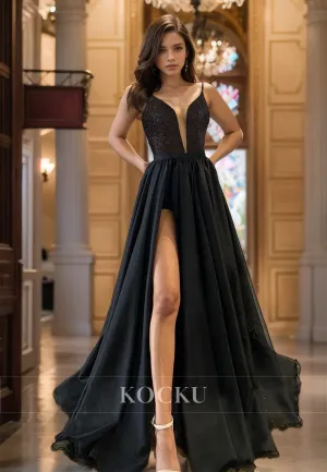 A-Line V-Neck Spaghetti Straps High Split Pleats Glitter Prom Dress with Overskirt Party Dress