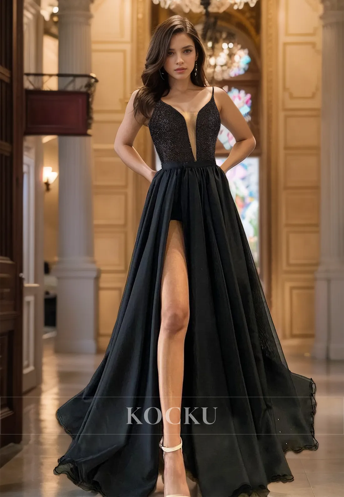 A-Line V-Neck Spaghetti Straps High Split Pleats Glitter Prom Dress with Overskirt Party Dress