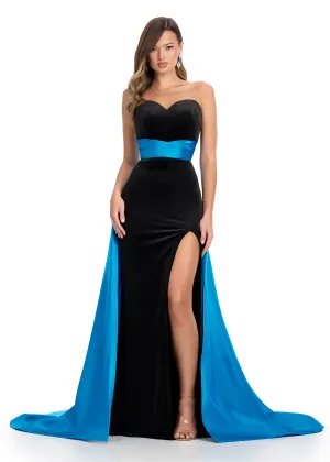 Ashley Lauren 11857 Size 8 Black Peacock Long Fitted Velvet Pageant Dress Satin Overskirt Formal Evening Gown
