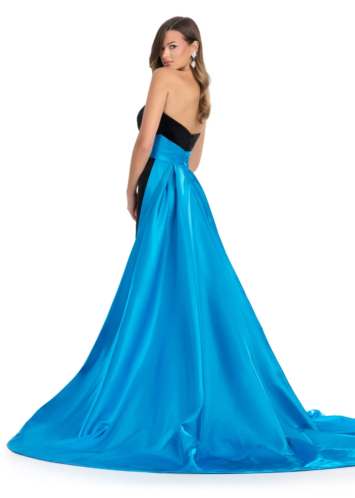 Ashley Lauren 11857 Size 8 Black Peacock Long Fitted Velvet Pageant Dress Satin Overskirt Formal Evening Gown