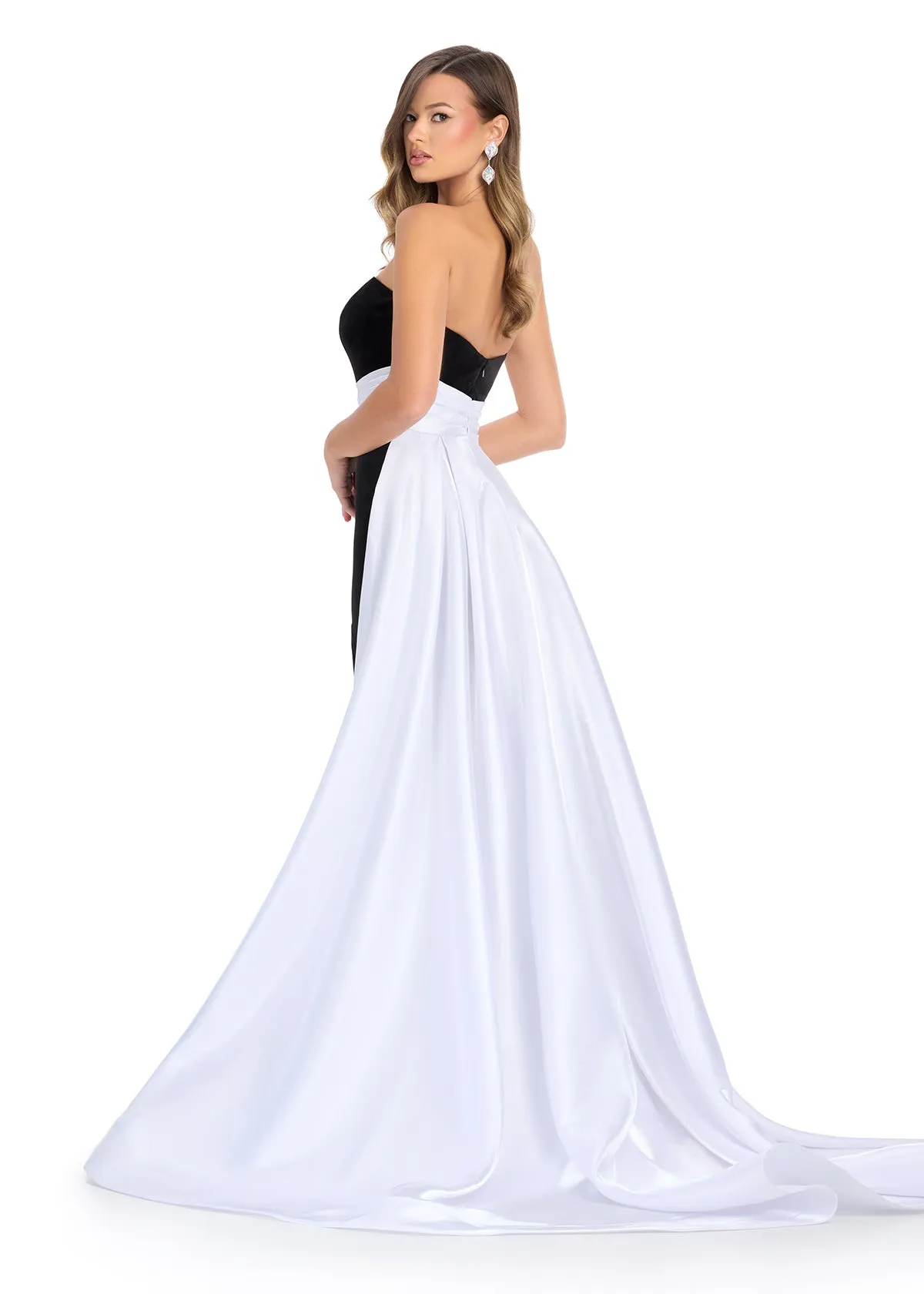 Ashley Lauren 11857 Size 8 Black Peacock Long Fitted Velvet Pageant Dress Satin Overskirt Formal Evening Gown