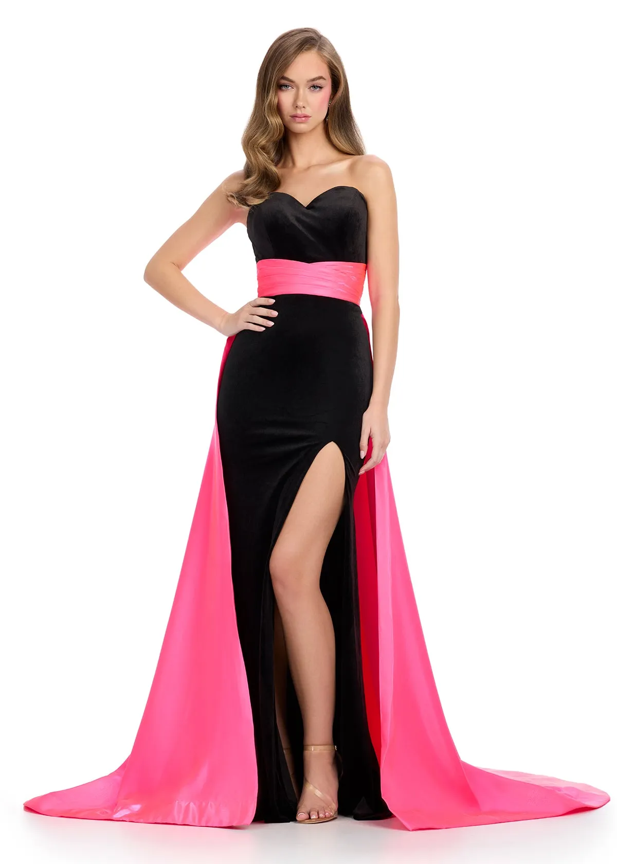 Ashley Lauren 11857 Size 8 Black Peacock Long Fitted Velvet Pageant Dress Satin Overskirt Formal Evening Gown