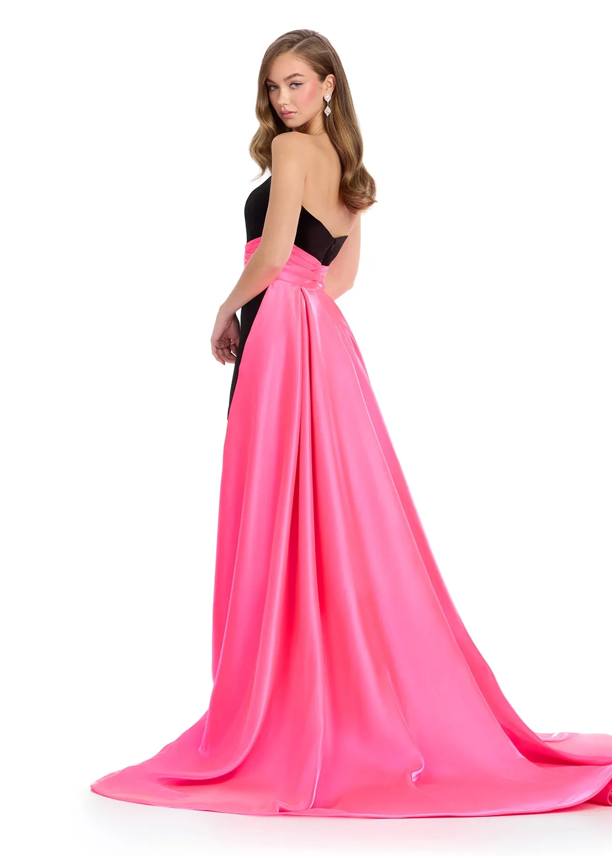 Ashley Lauren 11857 Size 8 Black Peacock Long Fitted Velvet Pageant Dress Satin Overskirt Formal Evening Gown