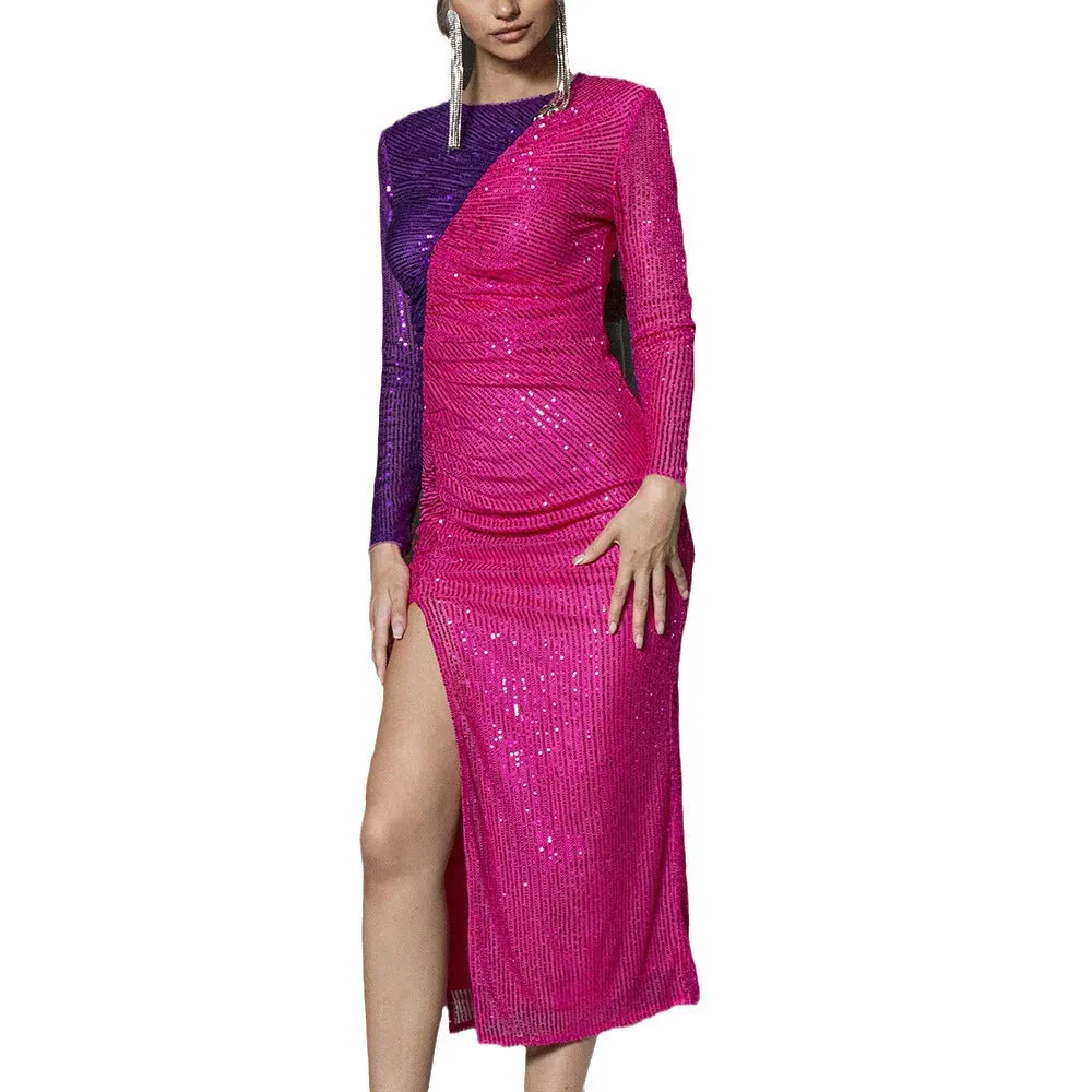 Autumn/Winter New Arrival Sexy Sequin Patchwork Long Sleeve Slit Dress