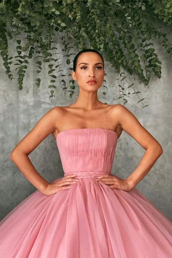Ball Gown Pink Tulle Strapless Prom Dresses Evening Dresses PSK242