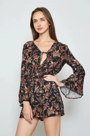 Black Floral Print Tie Front Bell Sleeves Romper / 2-2-2