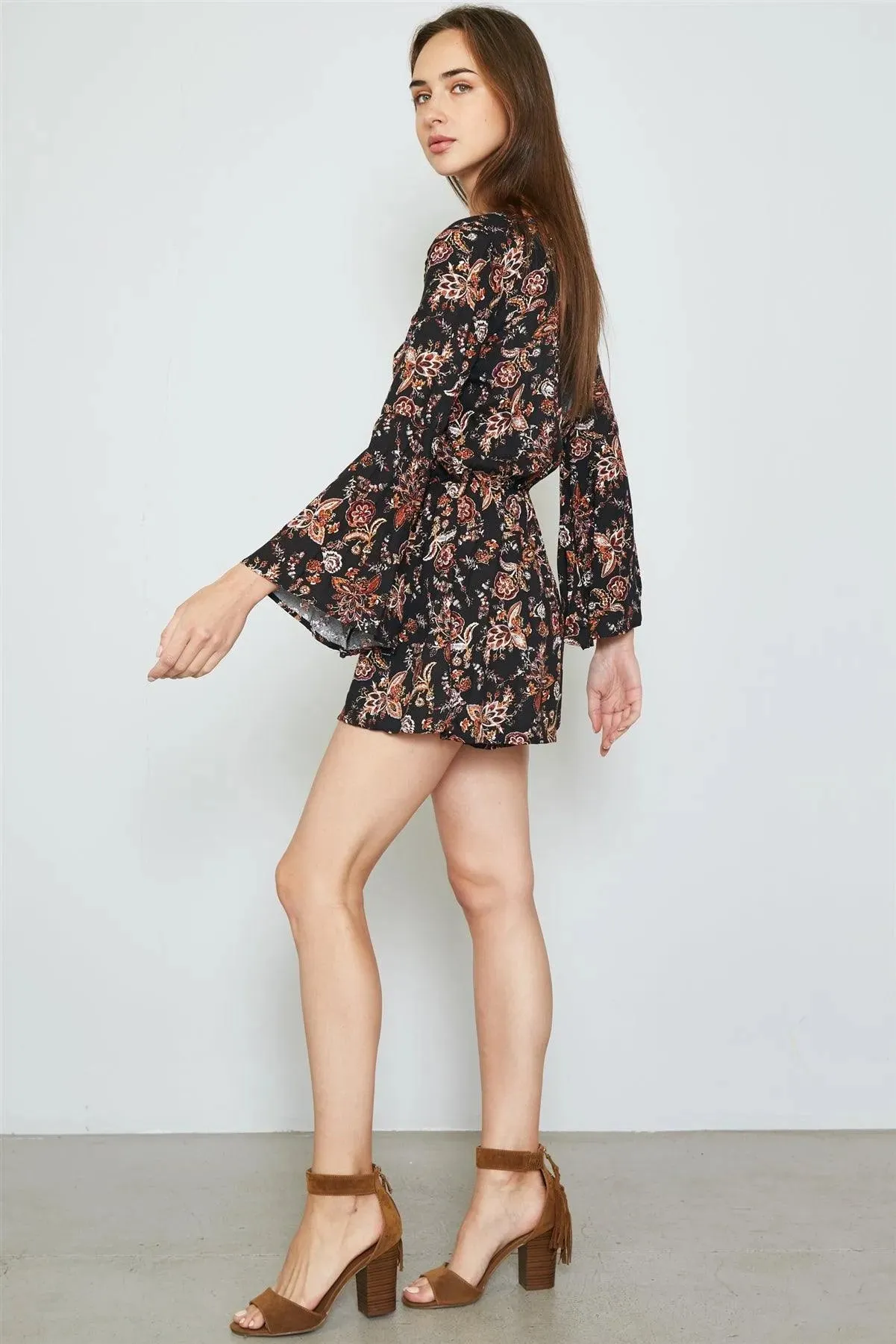 Black Floral Print Tie Front Bell Sleeves Romper / 2-2-2