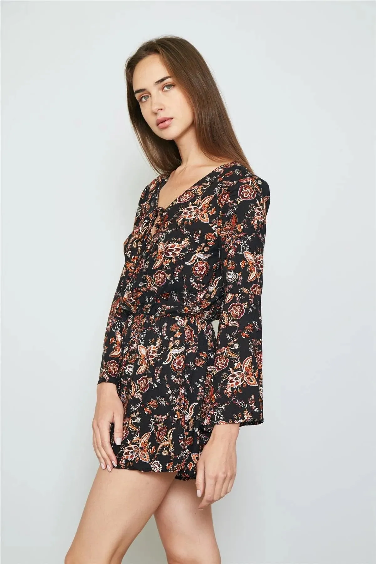 Black Floral Print Tie Front Bell Sleeves Romper / 2-2-2