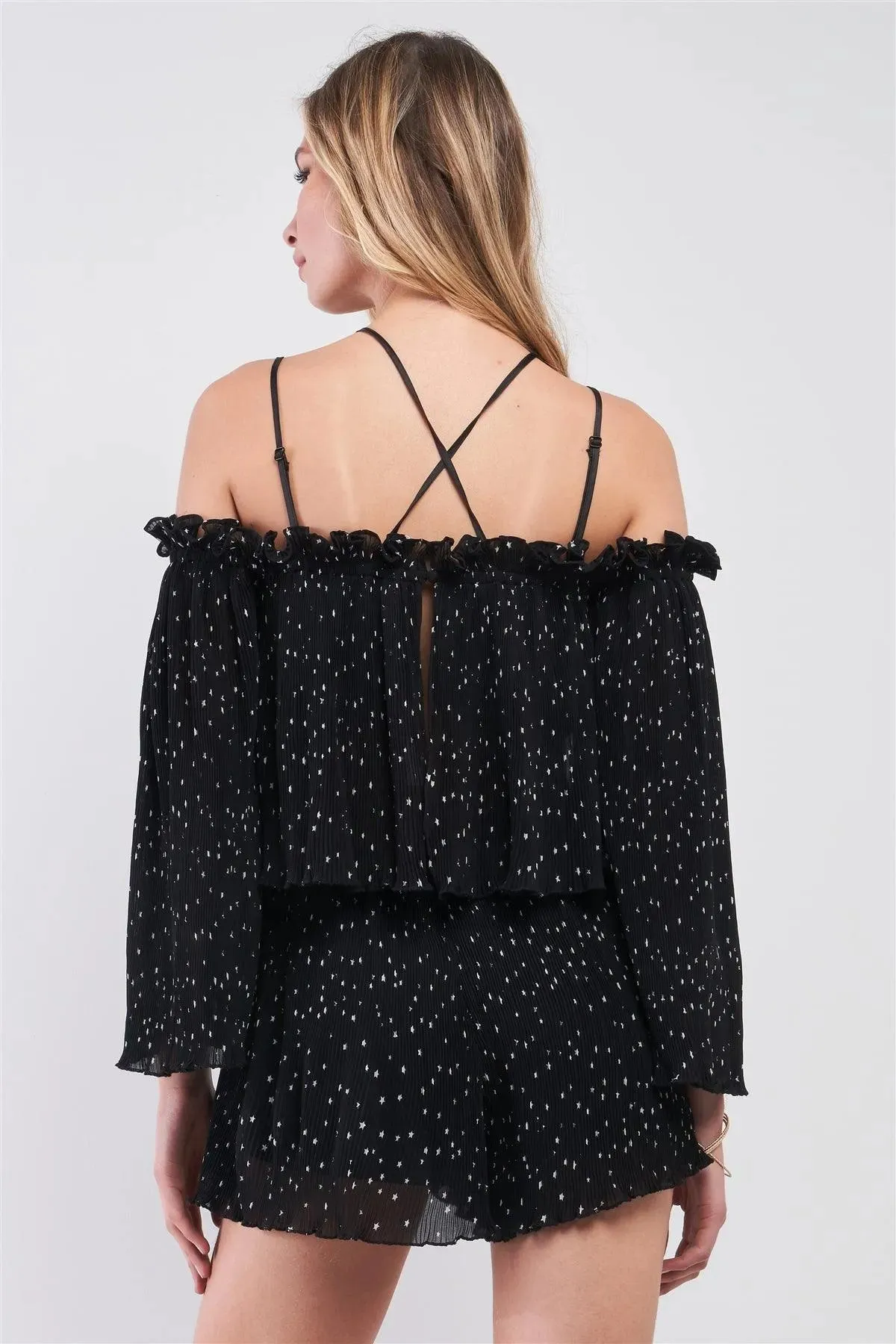 Black Star Print Pleated Off-The-Shoulder Romper /1-1-2-1