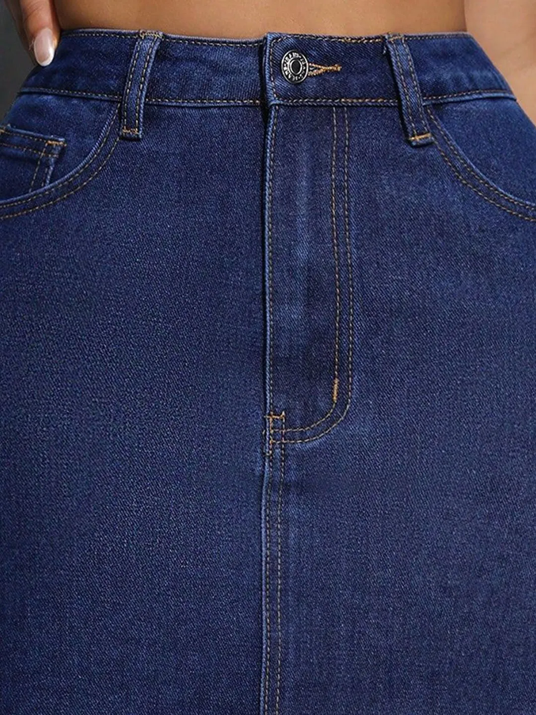 Blue Solid Pencil Mini Skirt