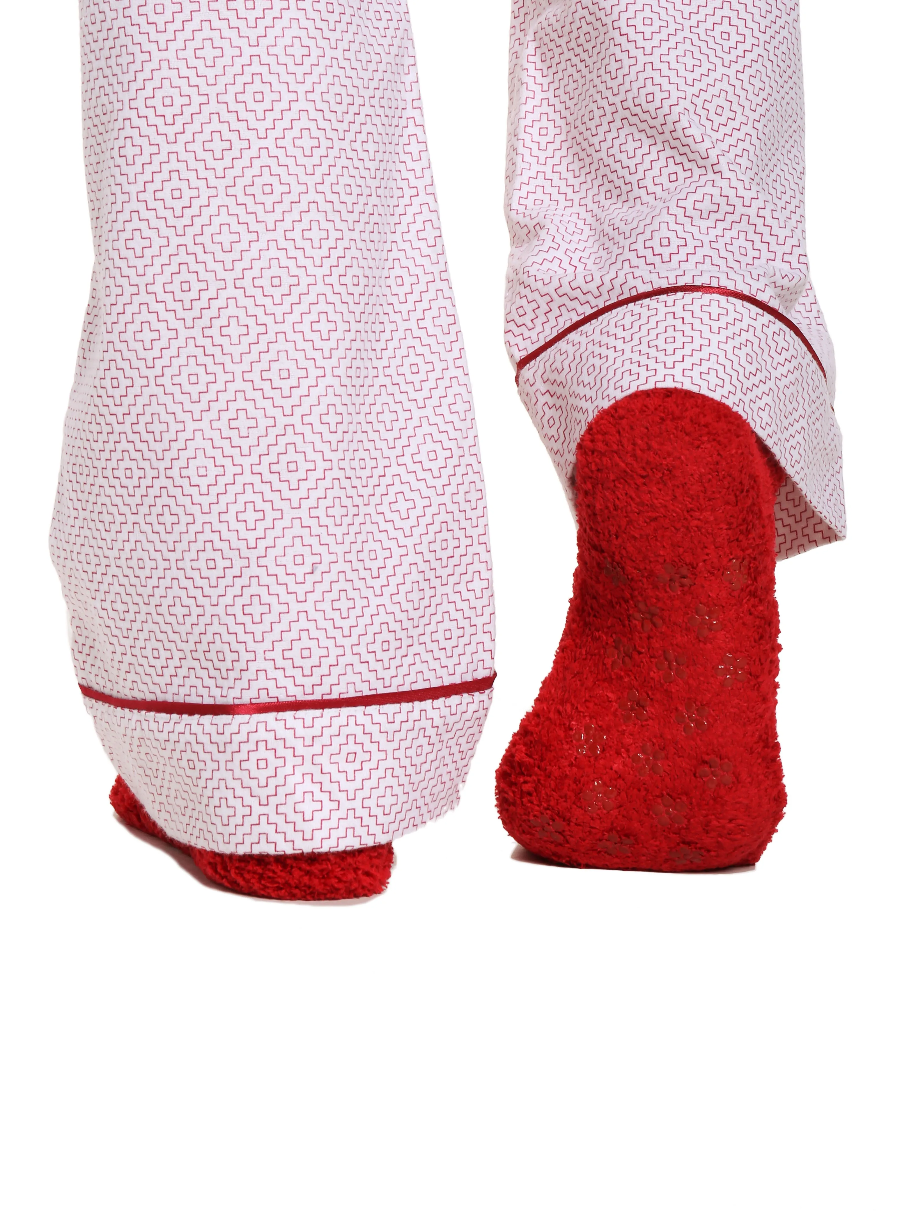 Box Packaged Women's Premium 100% Cotton Flannel Pajama Sleepwear Set - Geo Mosaic White/Red