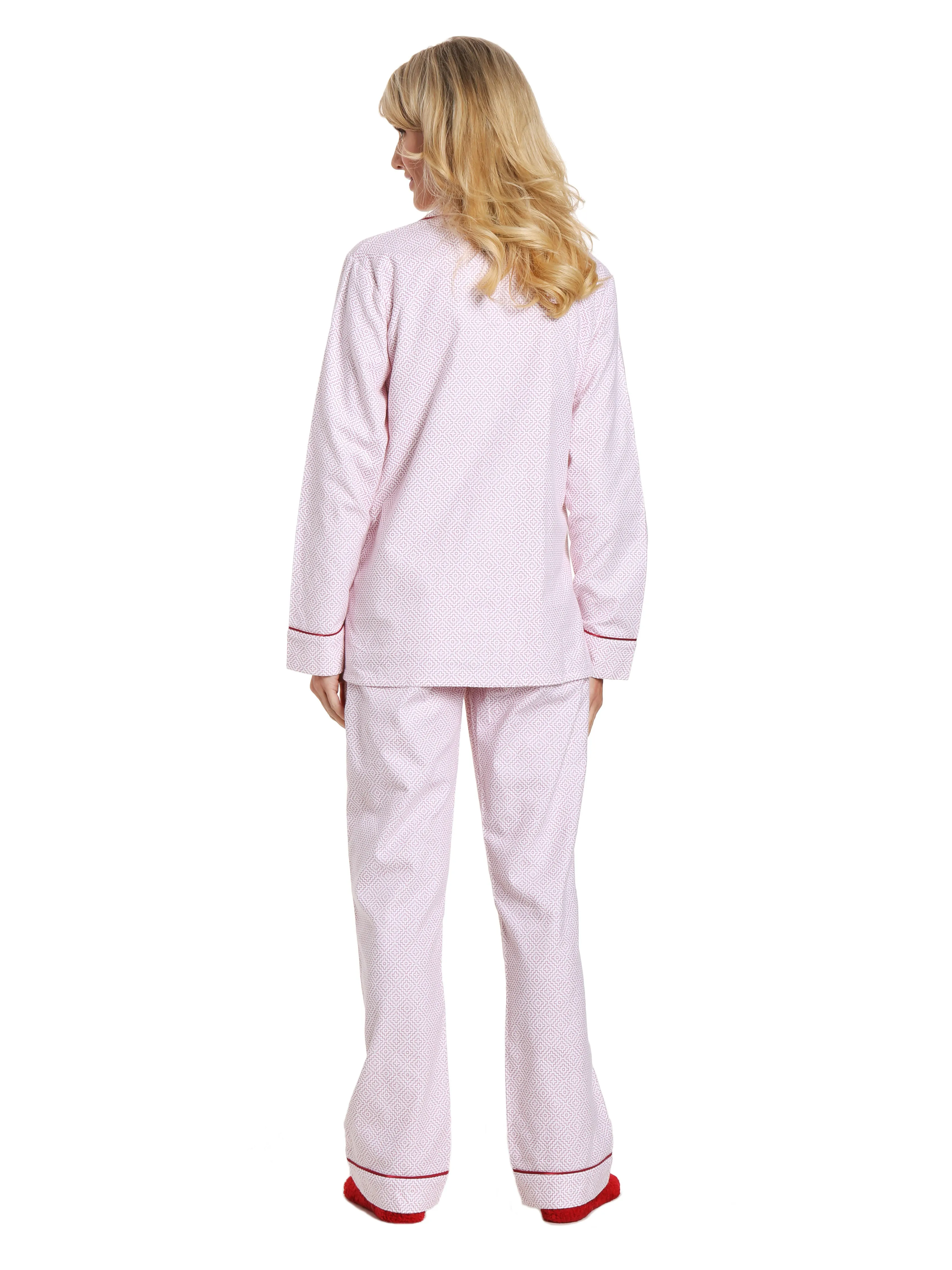 Box Packaged Women's Premium 100% Cotton Flannel Pajama Sleepwear Set - Geo Mosaic White/Red