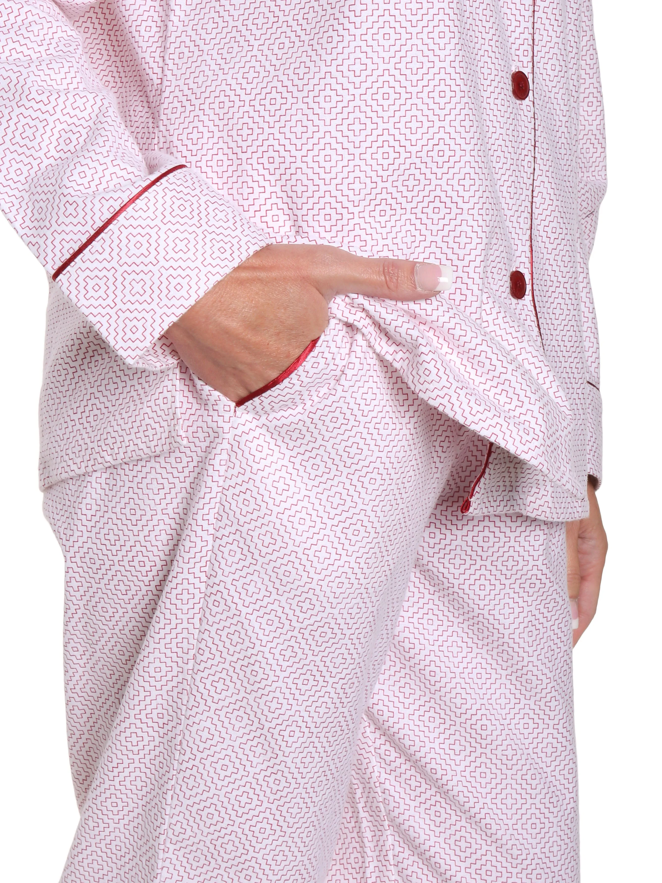 Box Packaged Women's Premium 100% Cotton Flannel Pajama Sleepwear Set - Geo Mosaic White/Red