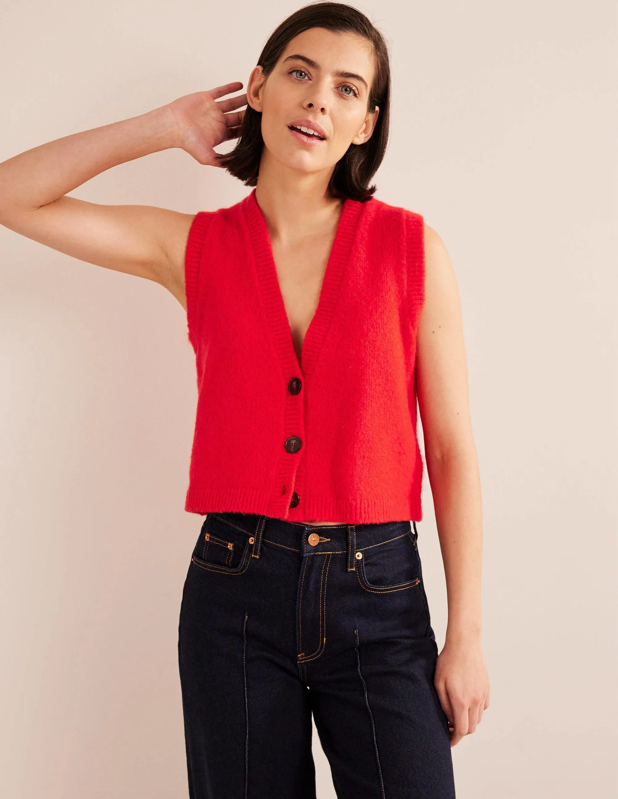 Cropped Fluffy Cardigan Tank-High Risk Red