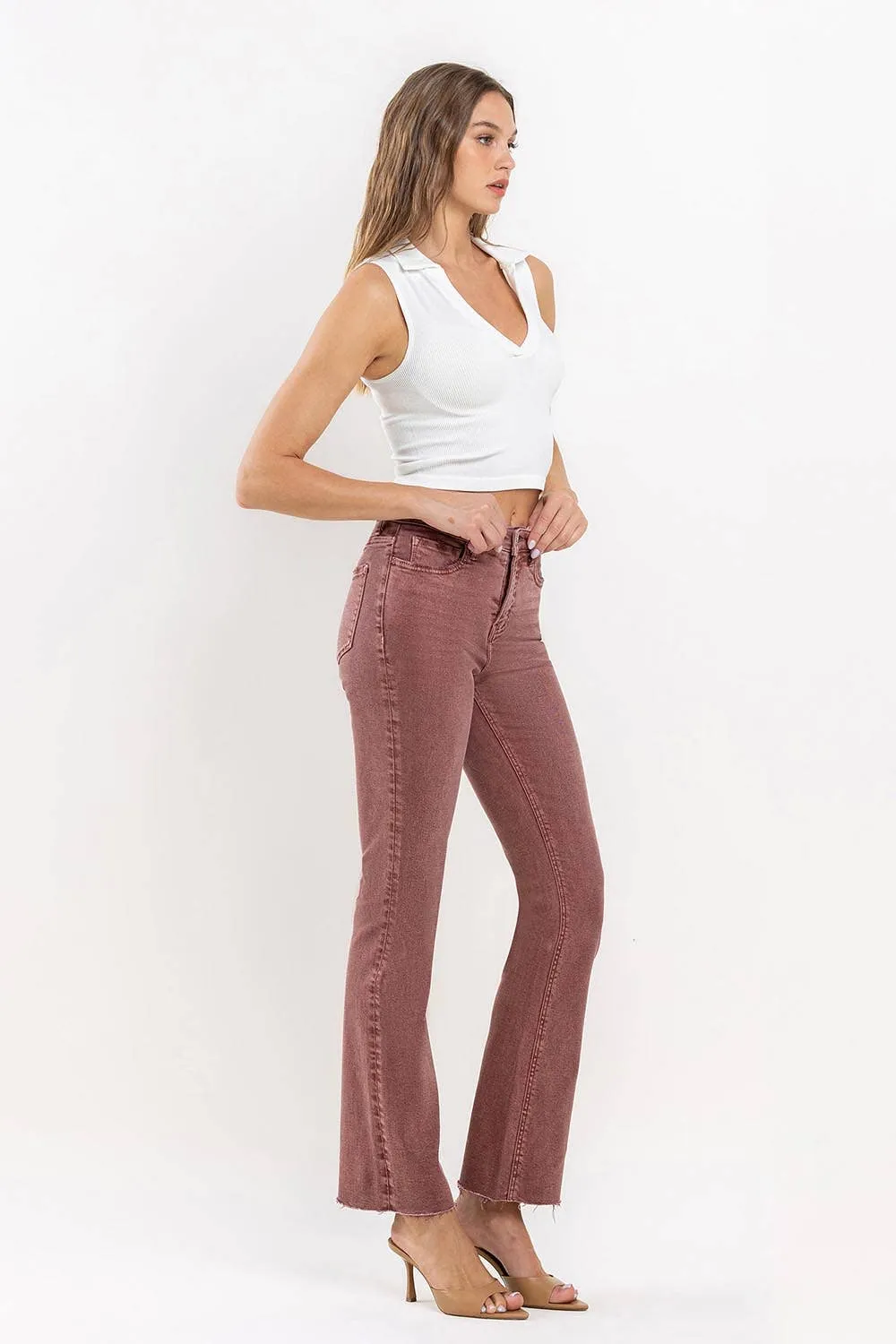 Curvy Wine Vervet Mid-Rise Cropped Bootcut Jeans in Wine