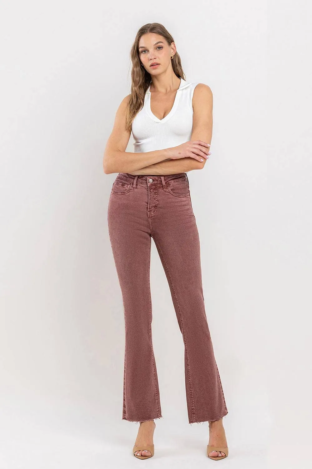 Curvy Wine Vervet Mid-Rise Cropped Bootcut Jeans in Wine