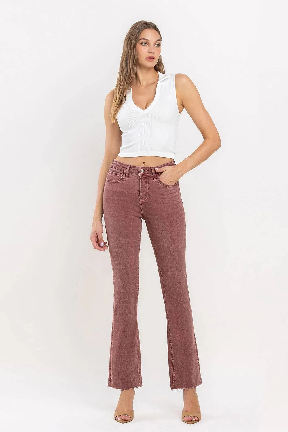 Curvy Wine Vervet Mid-Rise Cropped Bootcut Jeans in Wine
