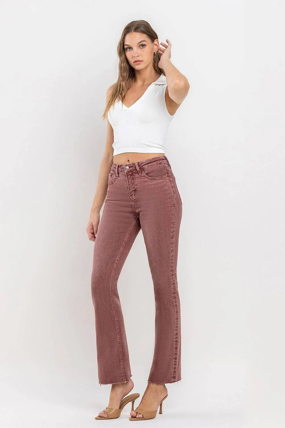 Curvy Wine Vervet Mid-Rise Cropped Bootcut Jeans in Wine