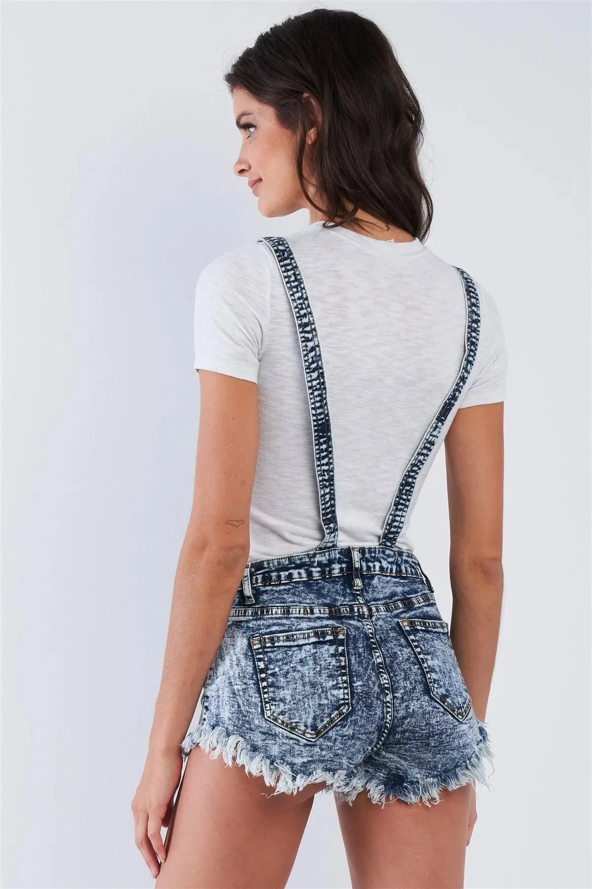 Denim Acid Washed 100% Cotton Fringed Short Overall