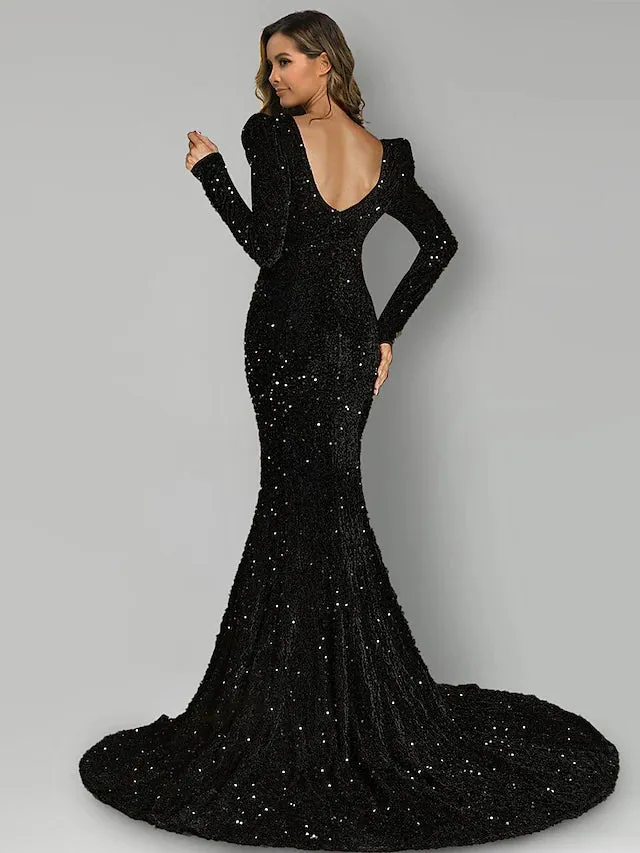 Evening Gown Black Dress Formal Court Train Long Sleeve Square Neck Sequined with Sequin