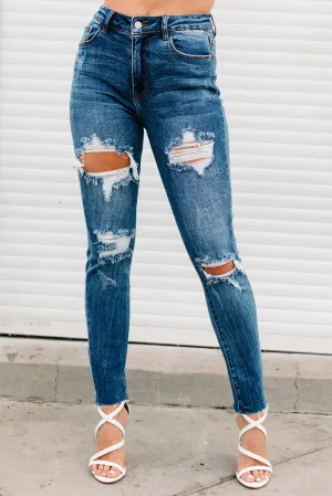Hit The Freeway High Rise Distressed Relaxed Skinny Jeans (Dark)