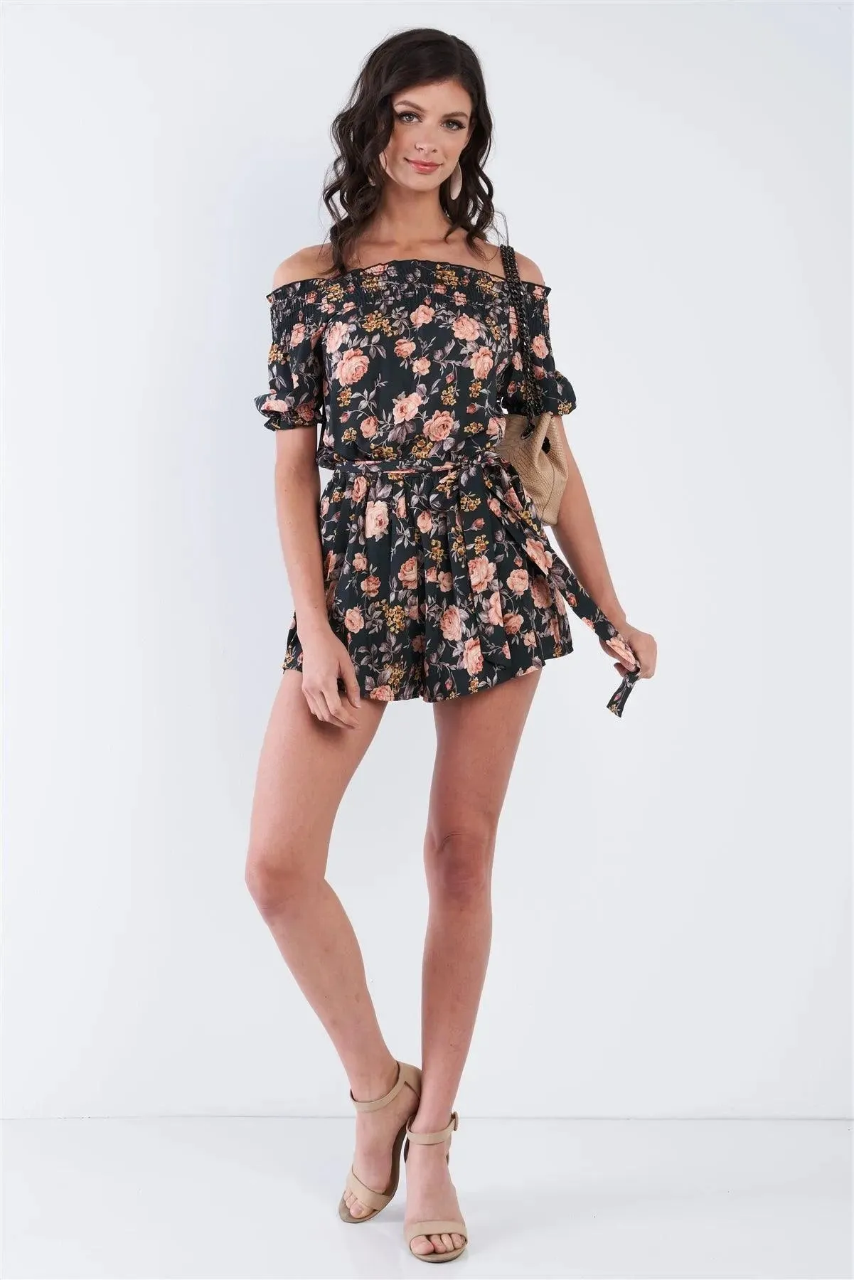 Hunter Green Off The Shoulder Puff Sleeve Rose Print Romper /3-2-1