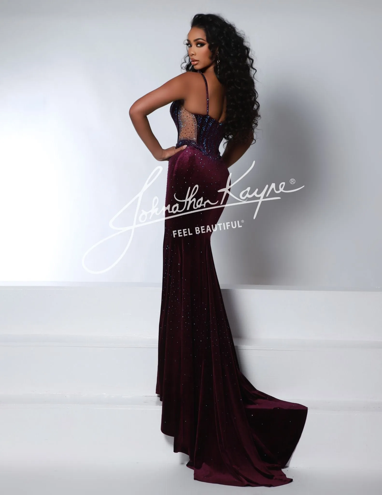 Johnathan Kayne 2948 Size 12 Eggplant Long Velvet Sheer Formal Dress Pageant Prom Slit Evening Gown