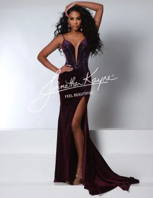 Johnathan Kayne 2948 Size 12 Eggplant Long Velvet Sheer Formal Dress Pageant Prom Slit Evening Gown