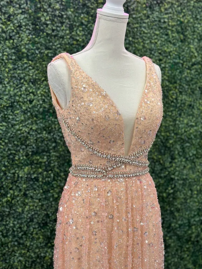 Johnathan Kayne 5400 Size 4 Champagne Long Beaded Sequin A Line Crystal Formal Evening Dress Gown V Neck