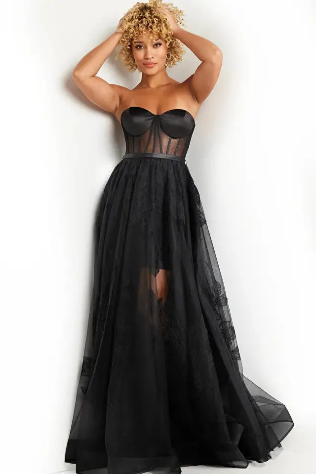 Jovani 37646 Long Prom Dress A-line Corset Satin Tulle Lace Skirt Short Underskirt Belt Formal Pageant Gown
