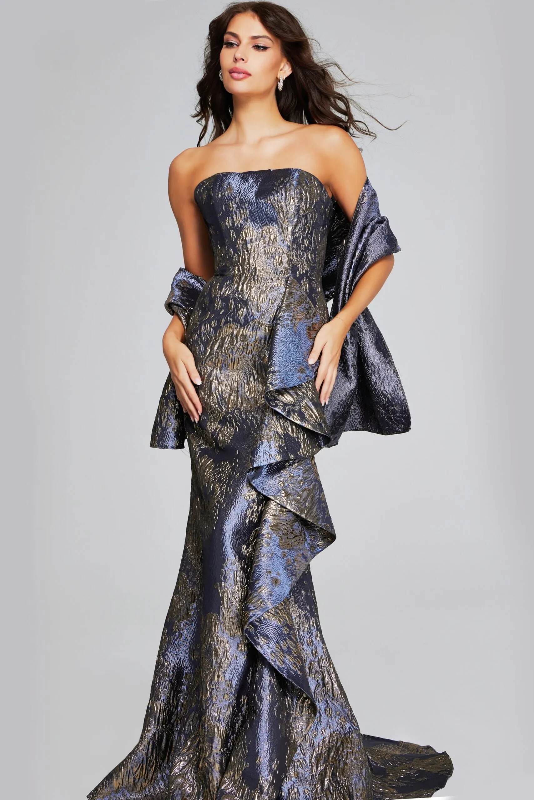 Jovani - 42028 - Strapless Brocade Gown with Draped Detail