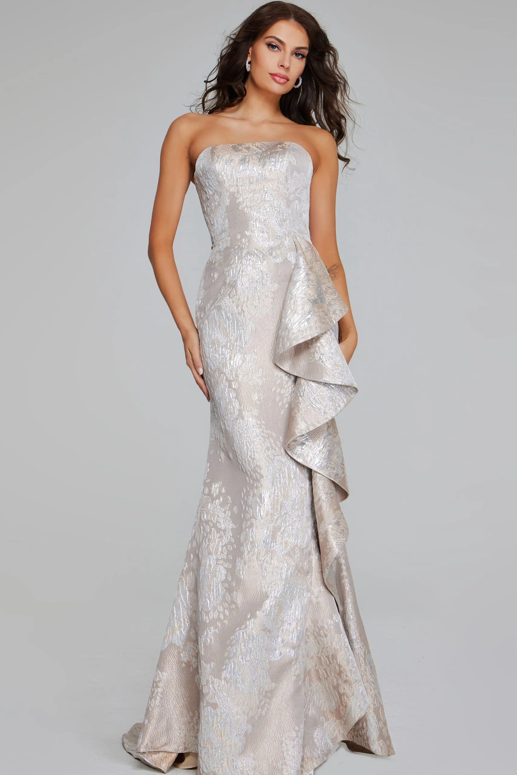 Jovani - 42028 - Strapless Brocade Gown with Draped Detail