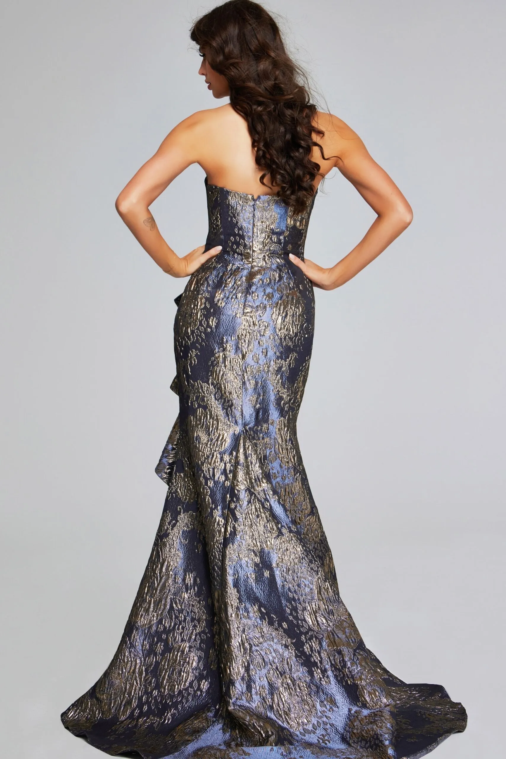 Jovani - 42028 - Strapless Brocade Gown with Draped Detail
