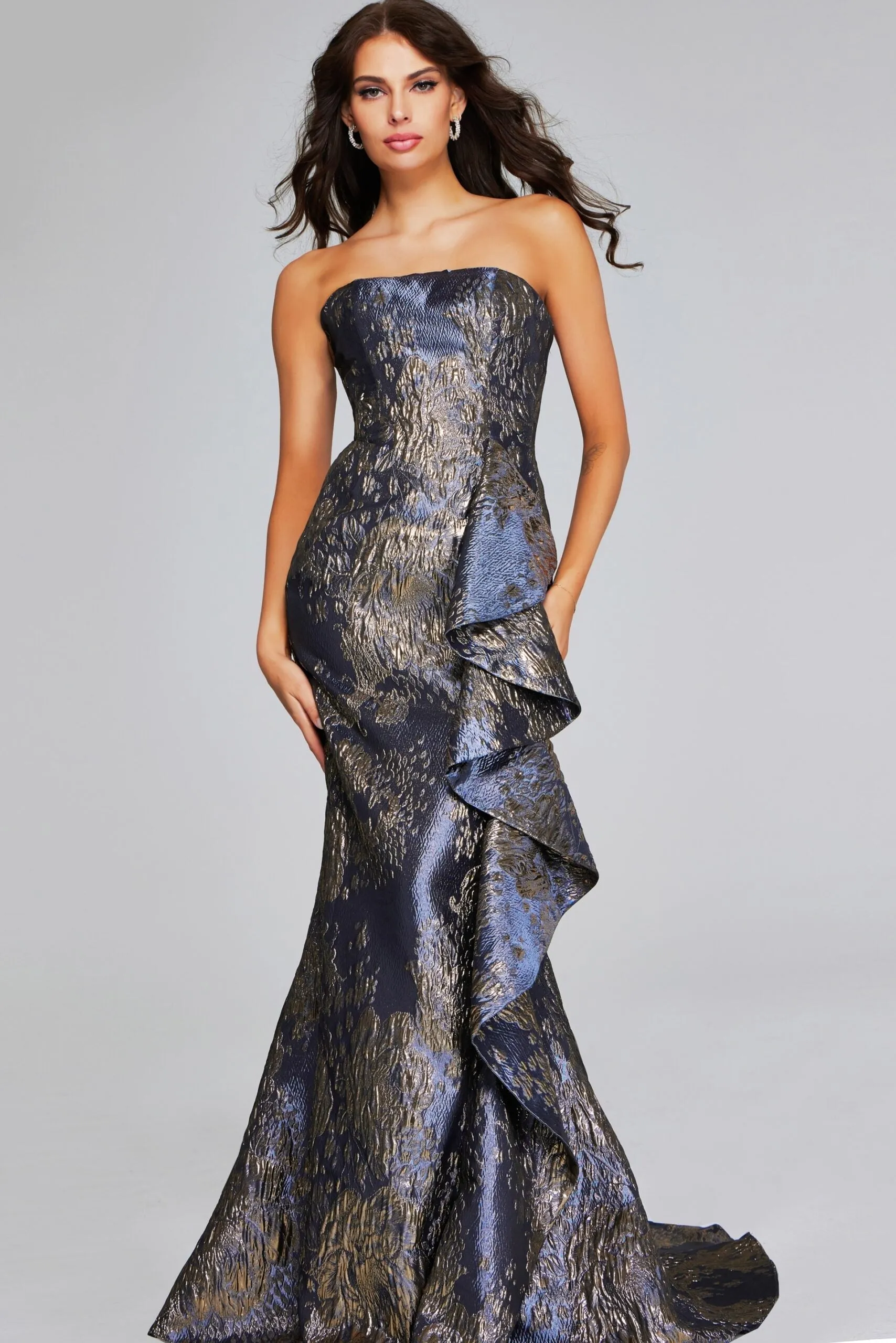 Jovani - 42028 - Strapless Brocade Gown with Draped Detail