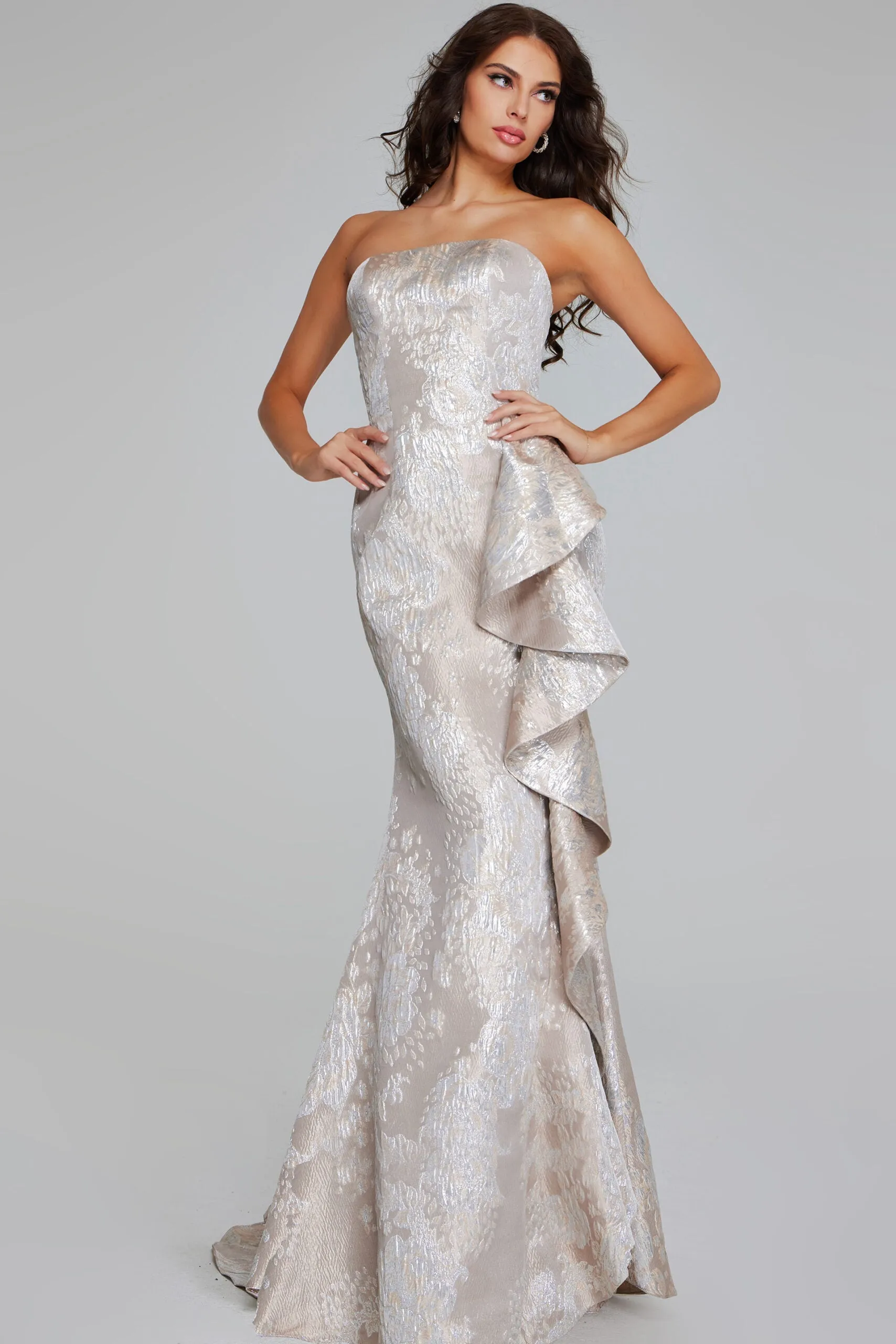 Jovani - 42028 - Strapless Brocade Gown with Draped Detail