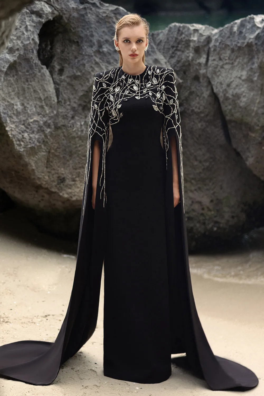 Lacey Sheath Slit Sleeved Velvet Satin Floor Length Dress