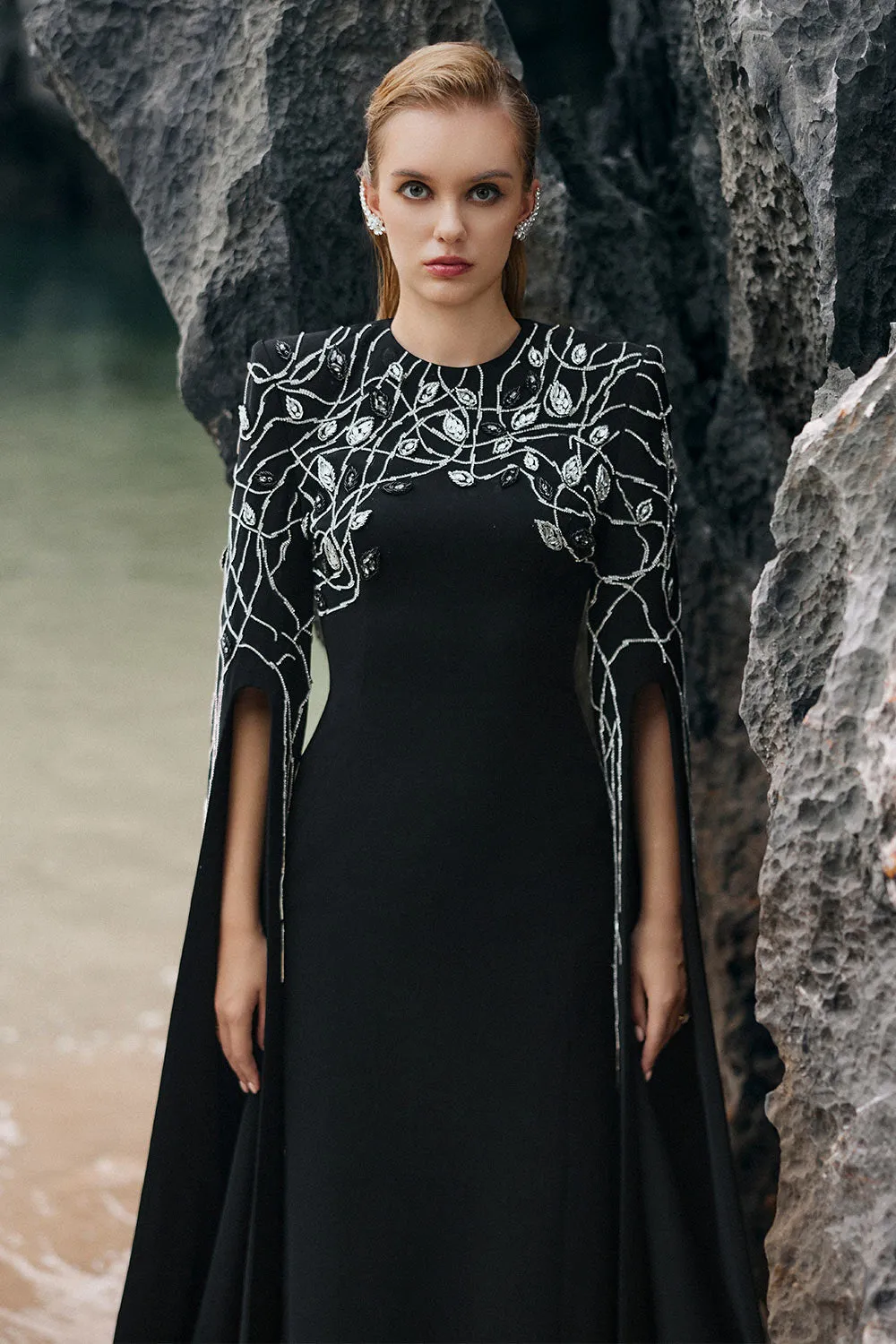 Lacey Sheath Slit Sleeved Velvet Satin Floor Length Dress