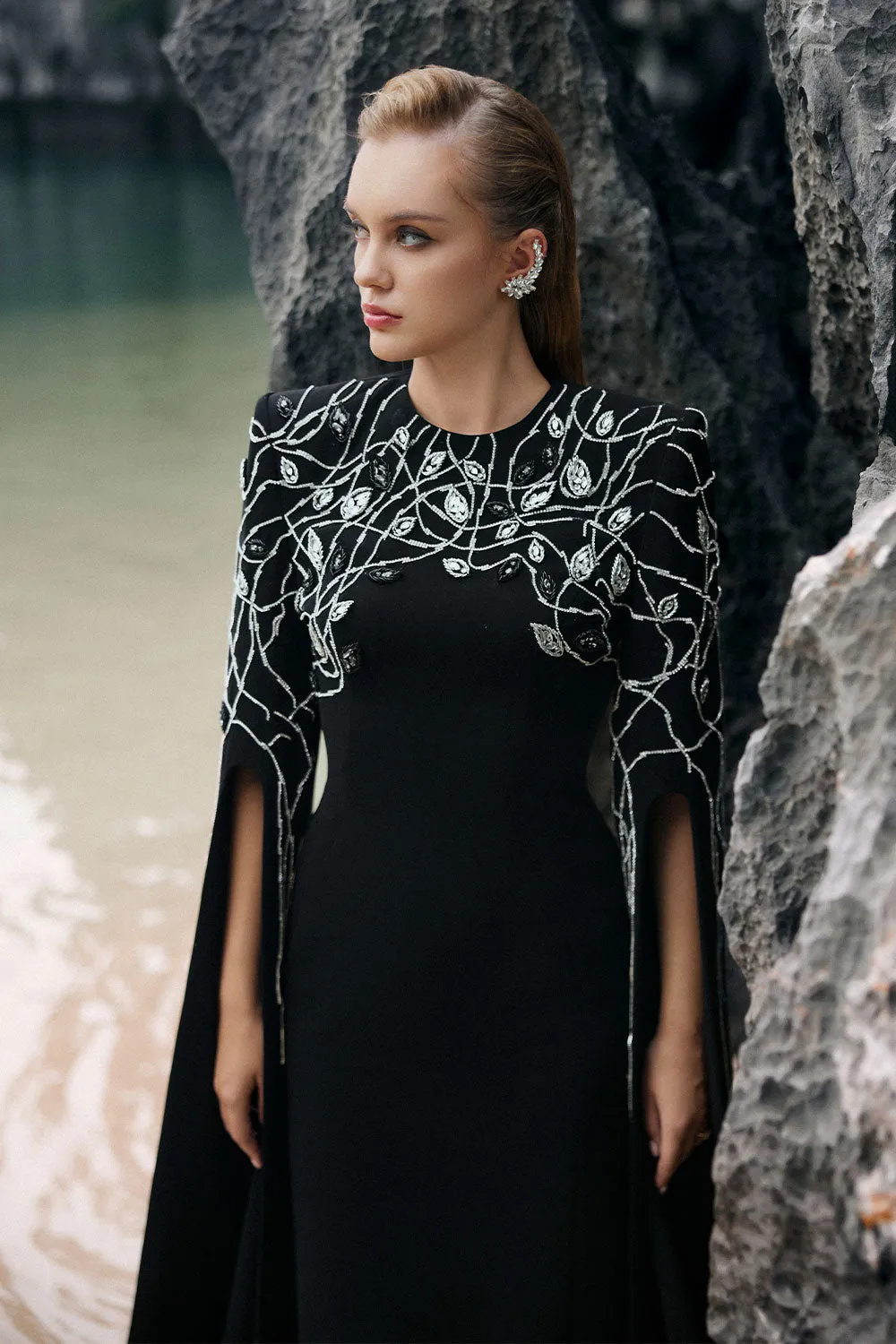 Lacey Sheath Slit Sleeved Velvet Satin Floor Length Dress
