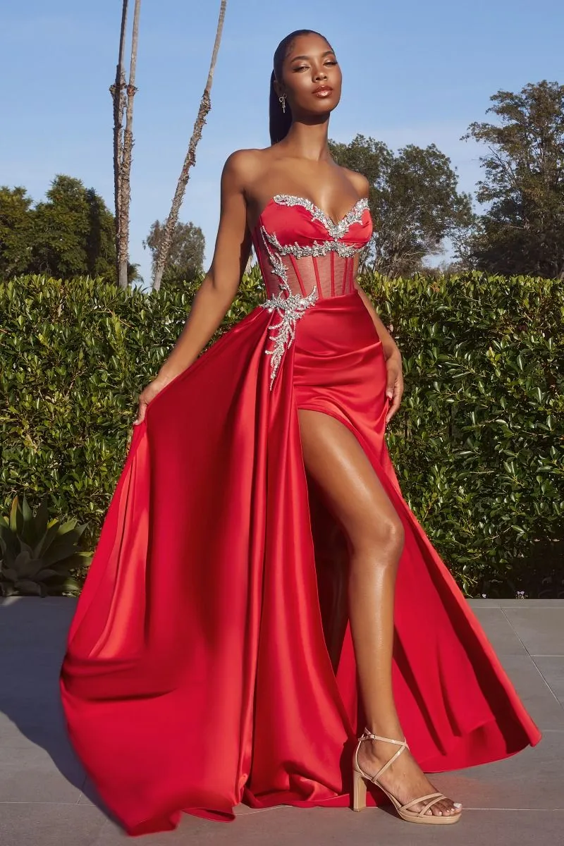 Ladivine CD343 Size 4,6,8,10 SAGE Sheer Corset Satin Slit Prom Dress Crystal V Neck Strapless Gown Overskirt
